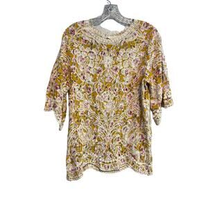 Solitaire Mustard Yellow and Rose Print Embroidered Cottage Core Blouse L